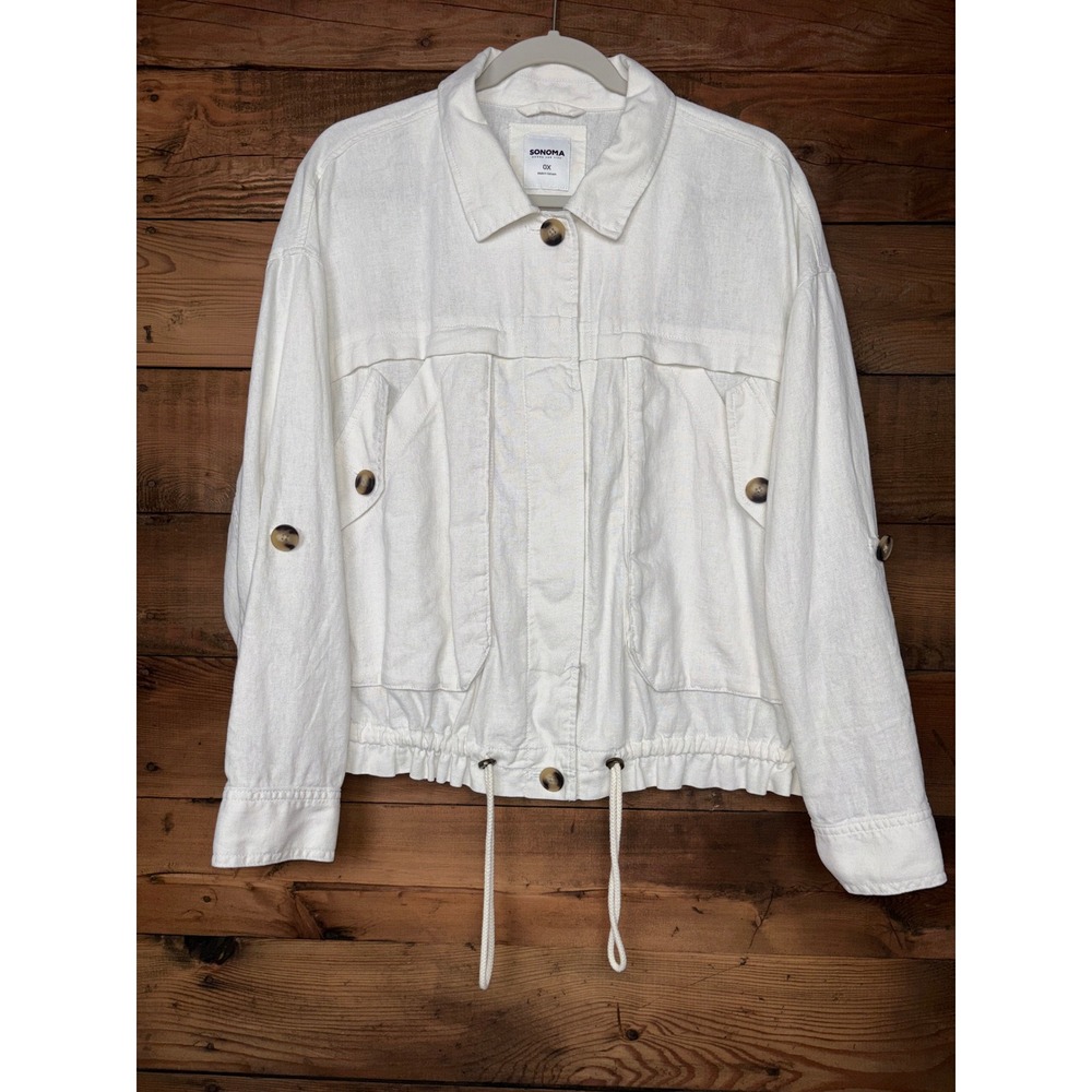 Sonoma Linen Blend Utility Jacket Womens 0X White Drawstring Hem Button Front